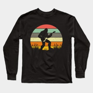 Bigfoot Playing Electric Guitar Vintage Sunset Musician Long Sleeve T-Shirt